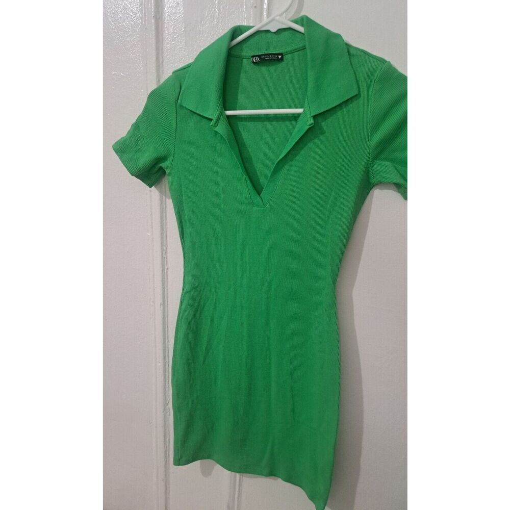 Zara Womens Small dress kelly green mini bodycon stretch collard Coquette - Picture 2 of 10